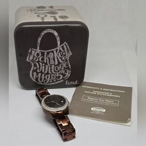 Fossil ES-2963 Women's Crystal Bezel Brown Stainless Steel Watch w/ Box & Manual